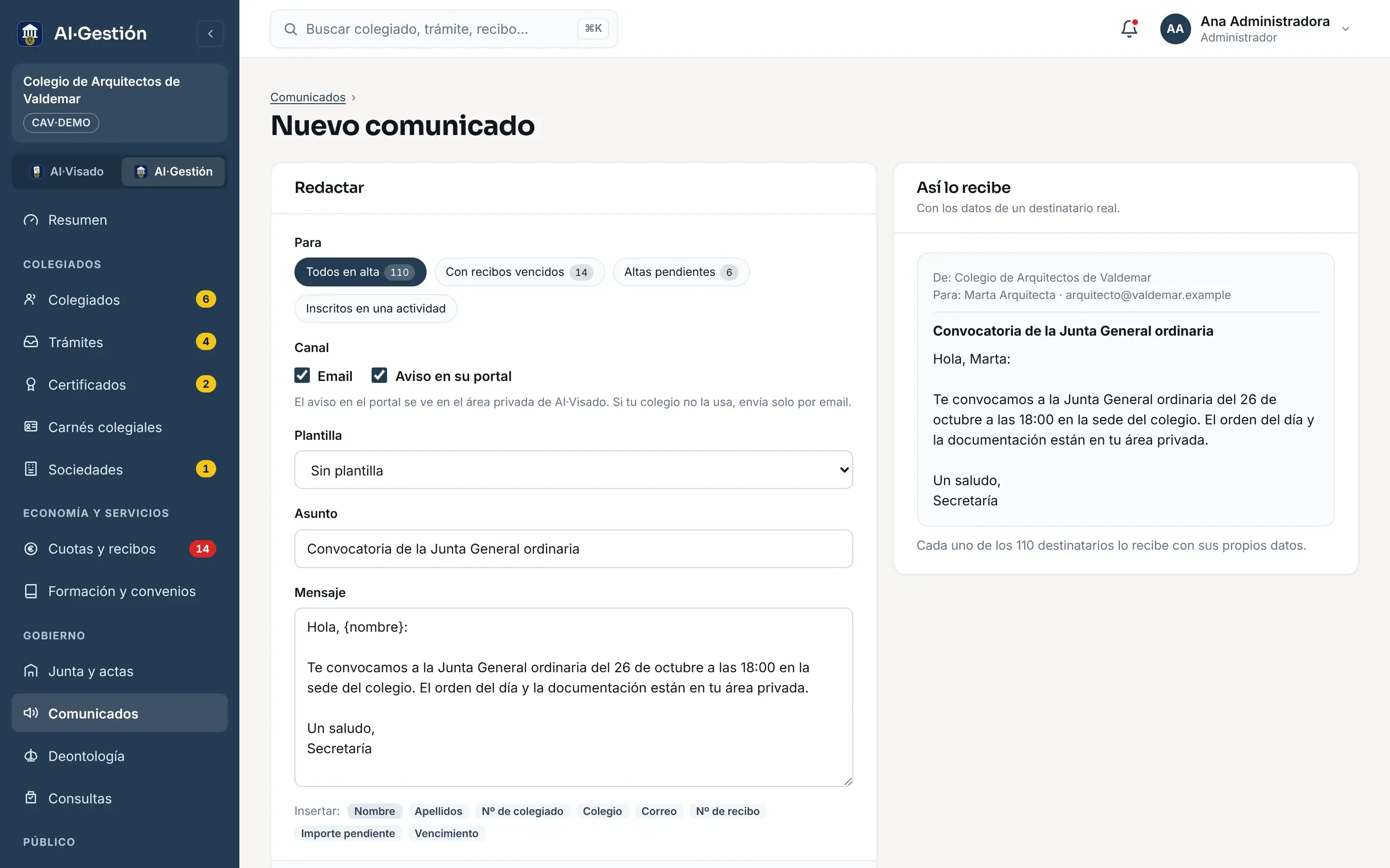 Pantalla Nuevo comunicado de AI·Gestión en el colegio de demostración: la convocatoria de la Junta General ordinaria dirigida a los 110 colegiados en alta, por email y como aviso en su portal, con el saludo escrito con la variable nombre; a la derecha, «Así lo recibe» enseña el mensaje como le llega a una colegiada, con su nombre ya puesto.