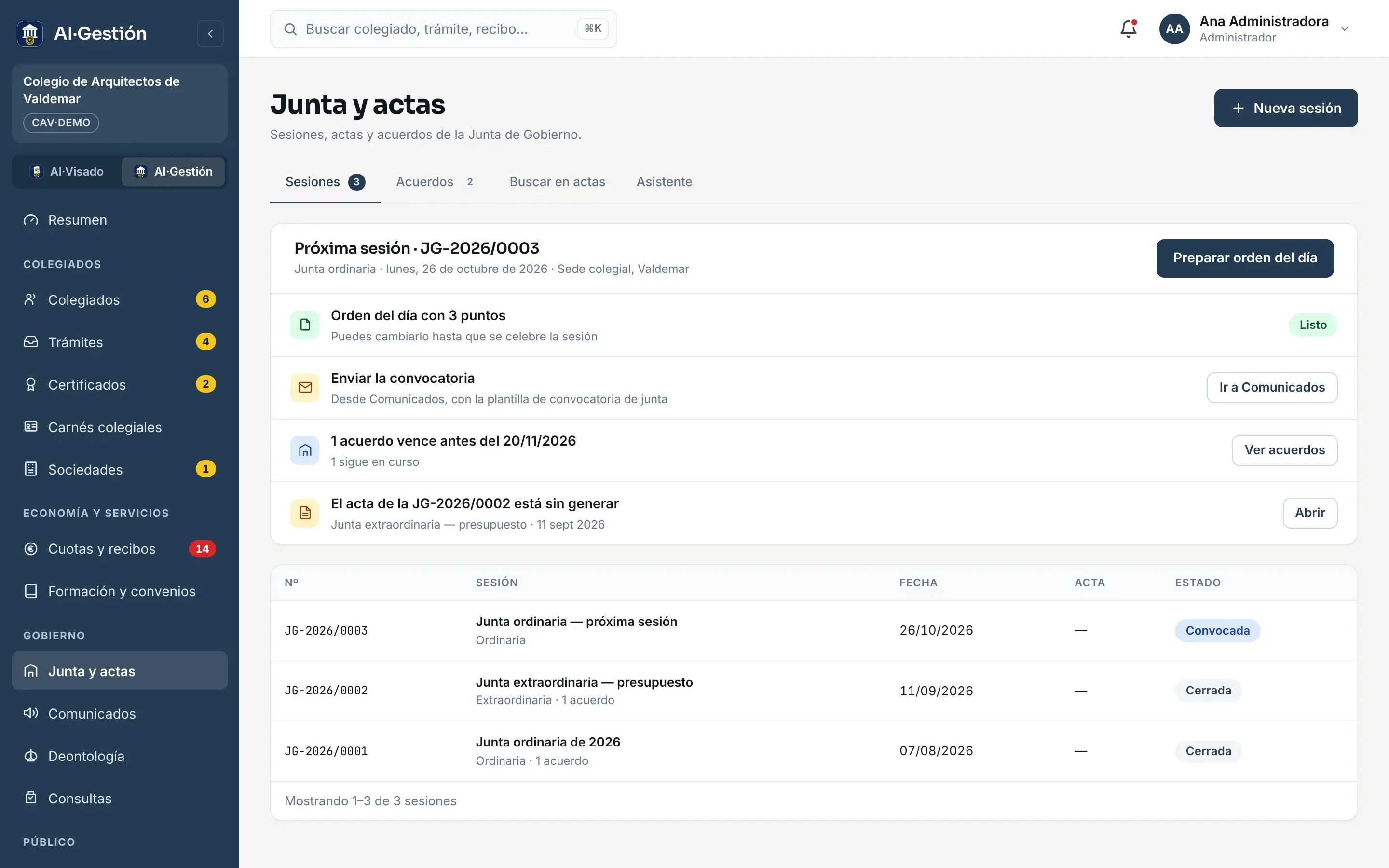 Pantalla de junta y actas: la próxima sesión JG-2026/0003 con lo que falta para celebrarla (orden del día listo, convocatoria por enviar, un acuerdo que vence y un acta sin generar) y la lista de sesiones convocadas y cerradas.