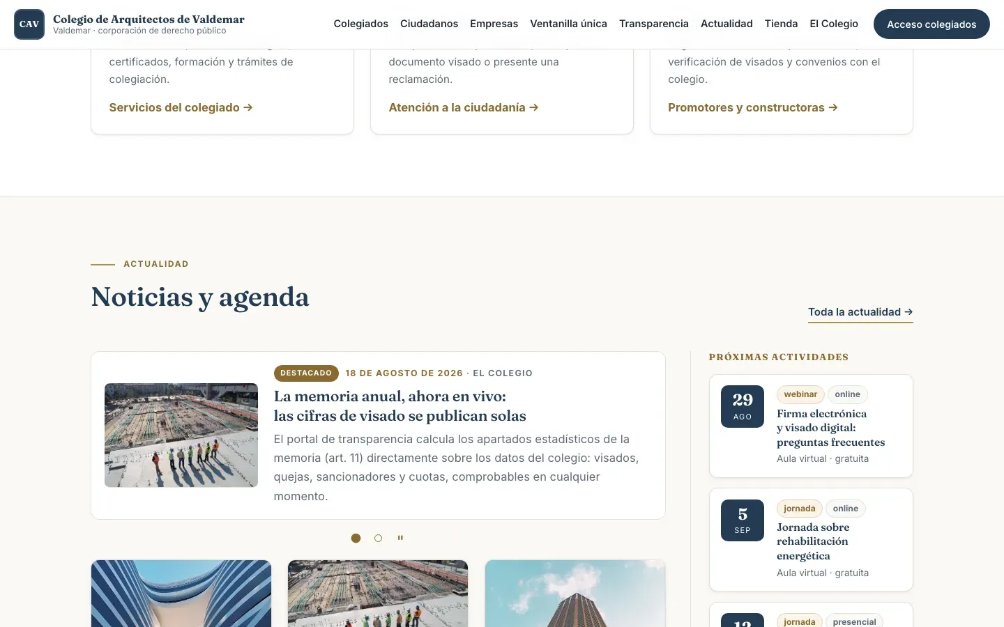 Sección de actualidad con una noticia destacada en carrusel, rejilla de noticias con fotografías y agenda lateral de actividades