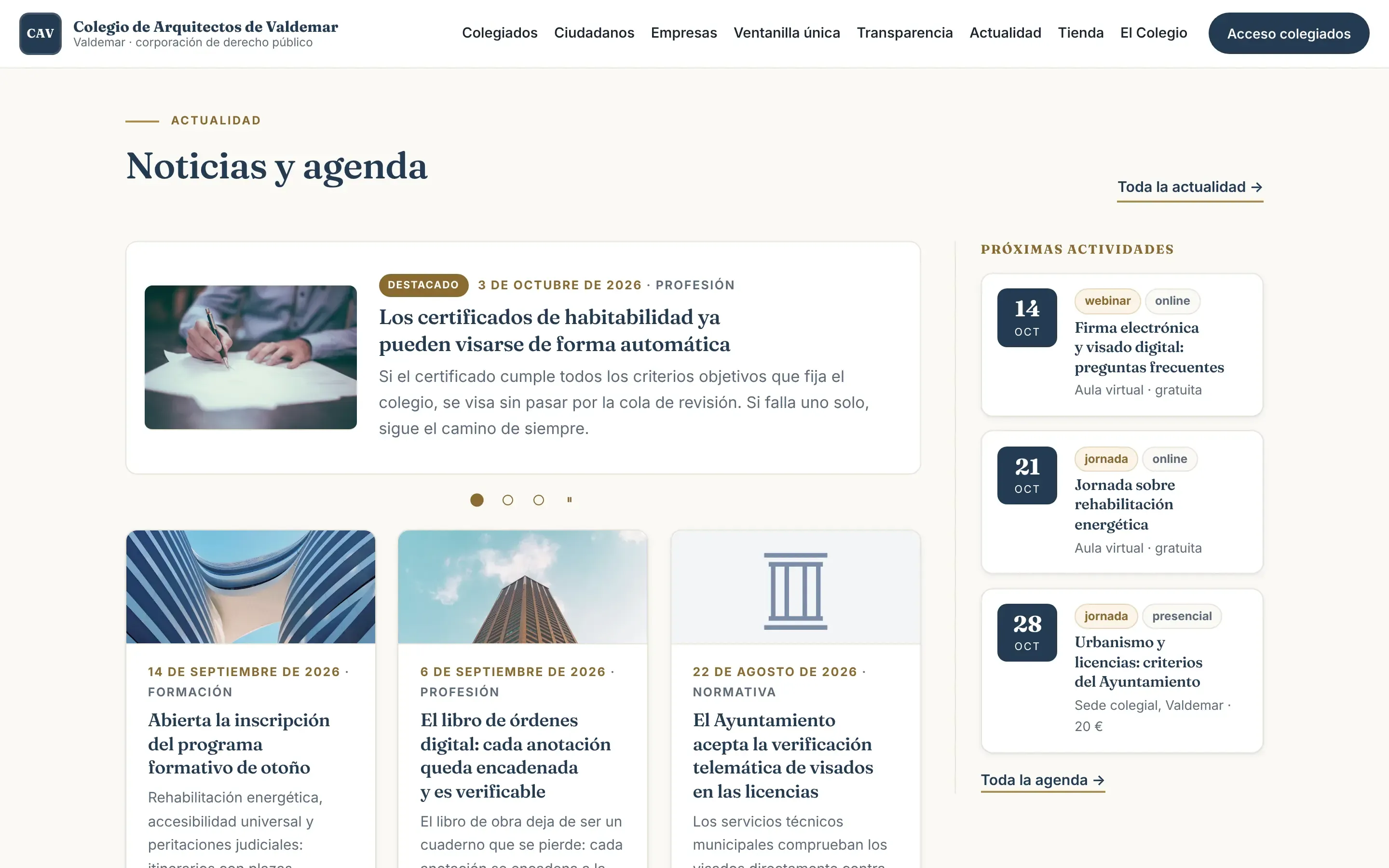 Sección Noticias y agenda de la web de demostración: una noticia destacada con fotografía, categoría y fecha, y a la derecha las próximas actividades con su fecha, tipo y modalidad.