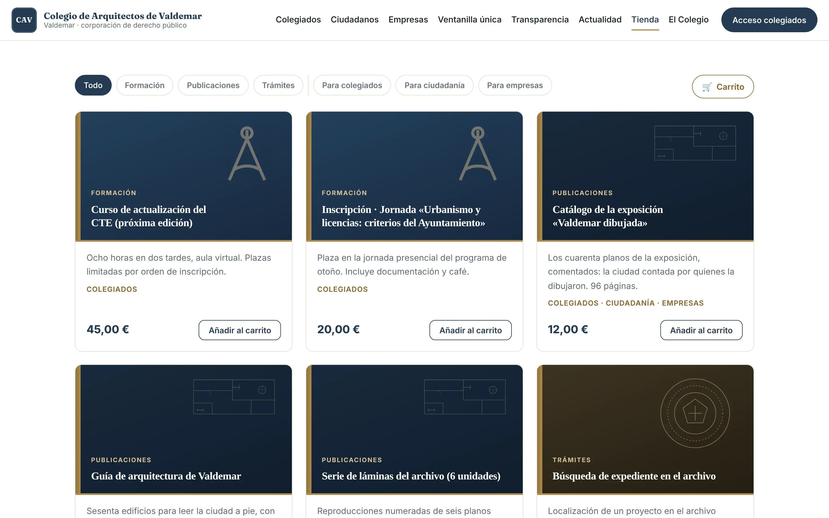 Tienda de la web de demostración: filtros por tipo y por público, el carrito y tarjetas de formación y publicaciones con su precio y un botón para añadir al carrito.