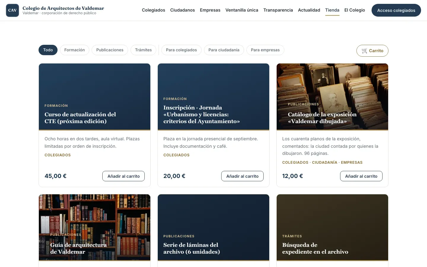 Tienda del colegio con filtros por categoría y público, tarjetas de producto con cubiertas tipográficas y fotografías, y carrito