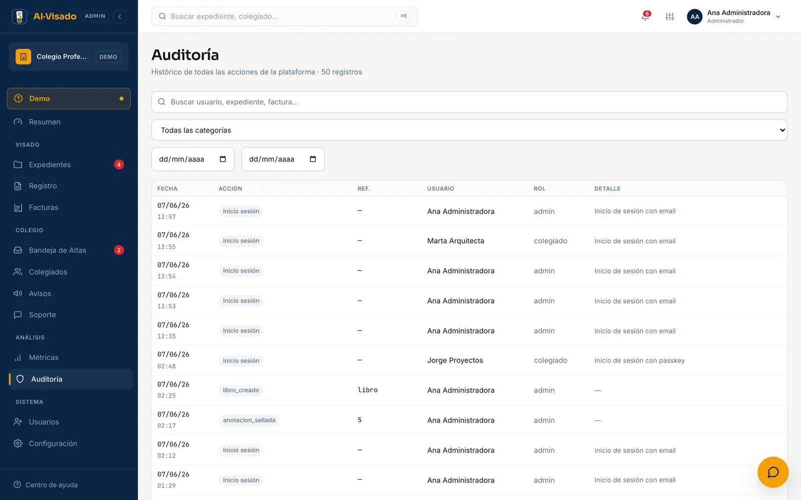 Registro de auditoría con fecha, acción, referencia, usuario, rol y detalle de cada operación.