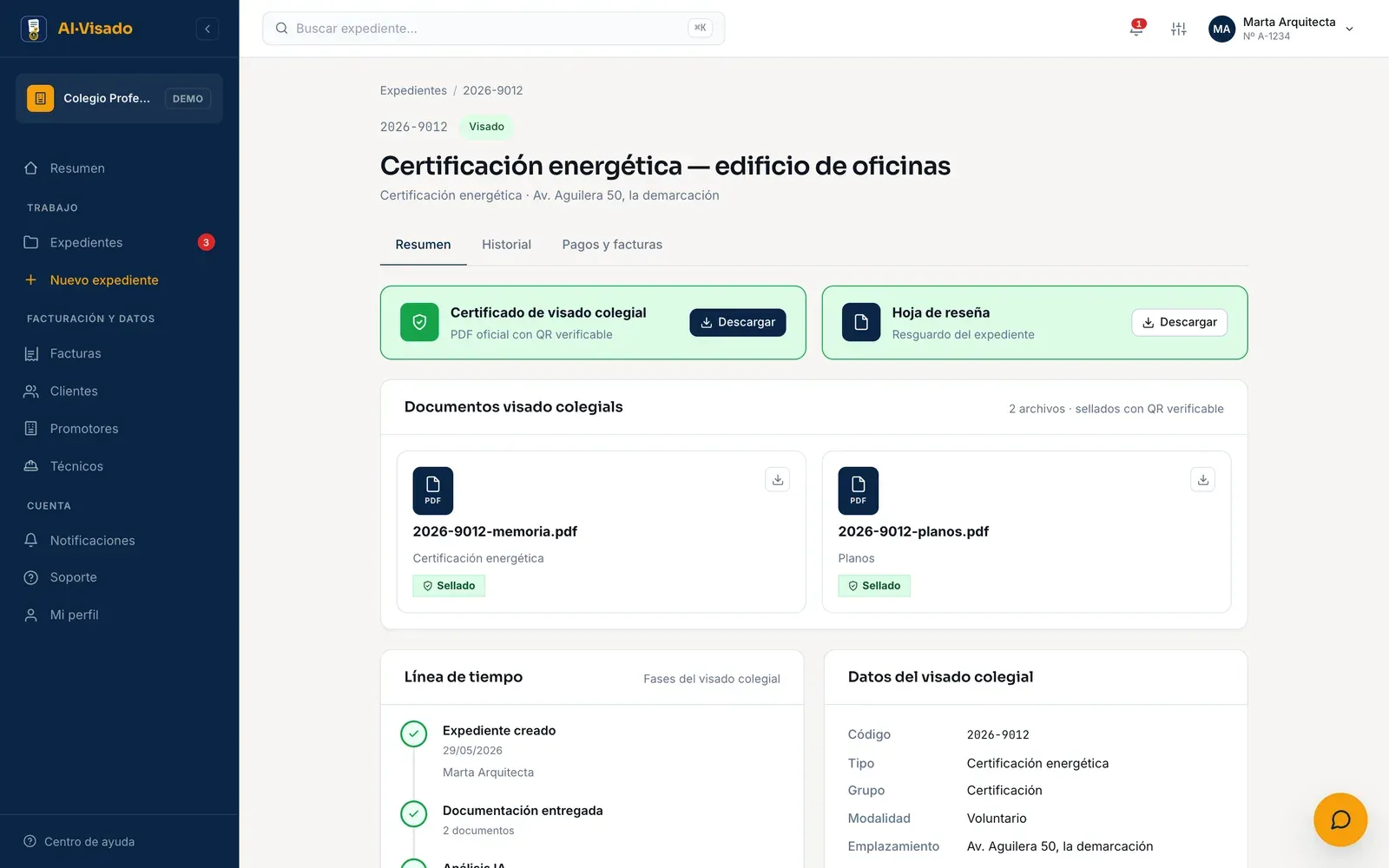 Expediente visado: certificado de visado colegial en PDF con QR verificable, hoja de reseña y documentos sellados.