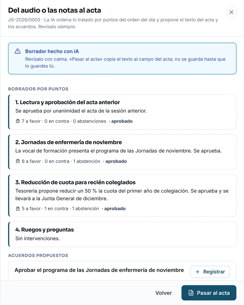 Borrador del acta hecho con IA: cuatro puntos del orden del día con su texto y el resultado de cada votación, un acuerdo propuesto y el botón «Pasar al acta»